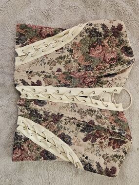 Floral Lace-Up Tapestry Corset Top - Beige Floral